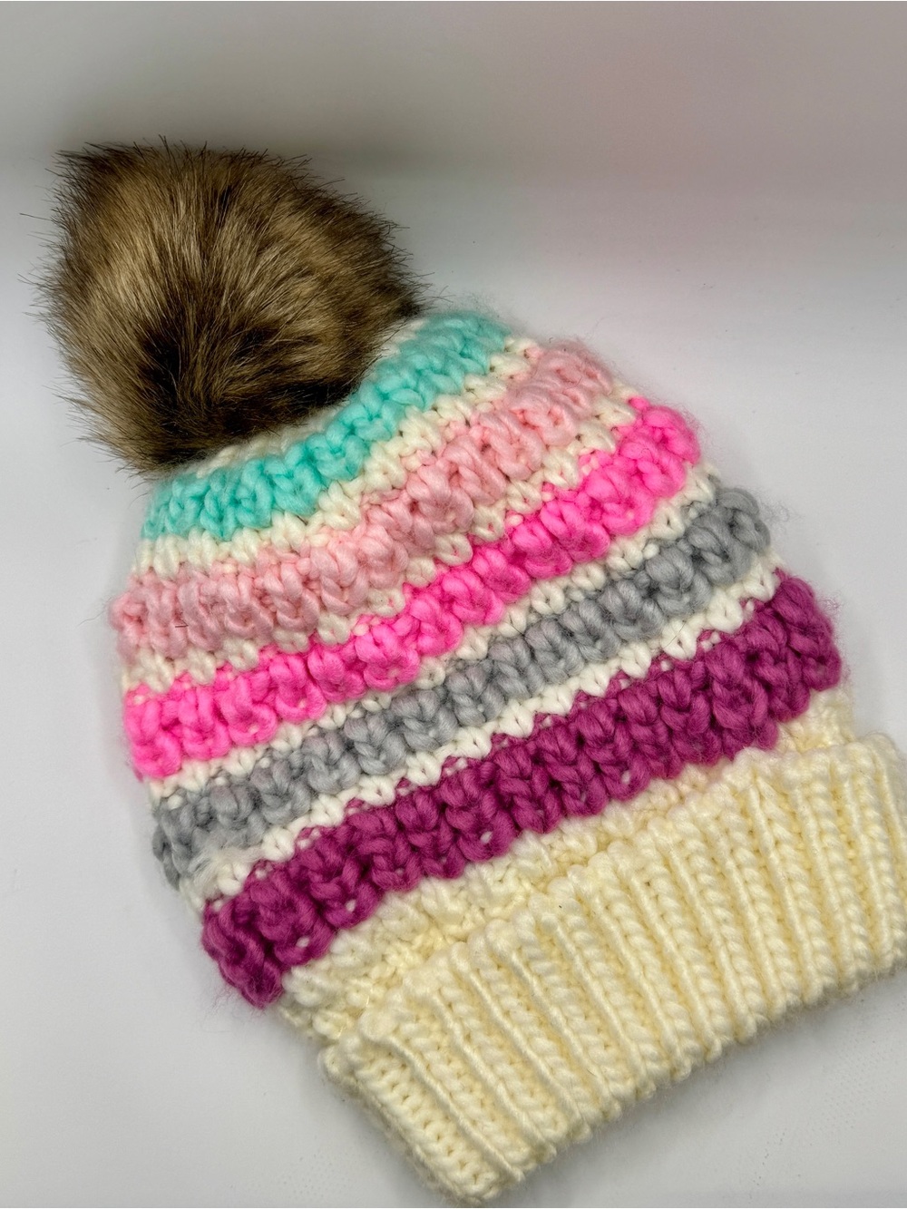 Kids Multicolor Striped Knit Beanie with Pom Pom